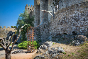 Europe, Portugal, Estremadura, Centro Region, Obidos, Vila das Rainhas, City of Queens, Castelo de Obidos, courtyard with prisoner cage Europe, Portugal, Estremadura, Centro Region, Obidos, Vila das Rainhas, City of Queens, Castelo de Obidos, courtyard with prisoner cage